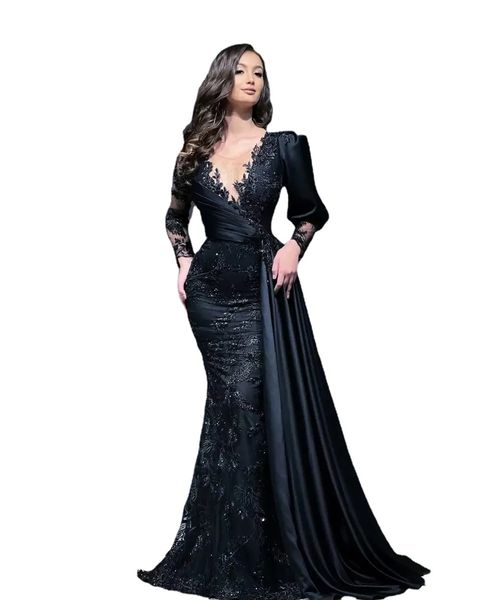 

black lace prom dresses engagement formal dress dubai arabic long sleeves mermaid evening party gown, Black;red