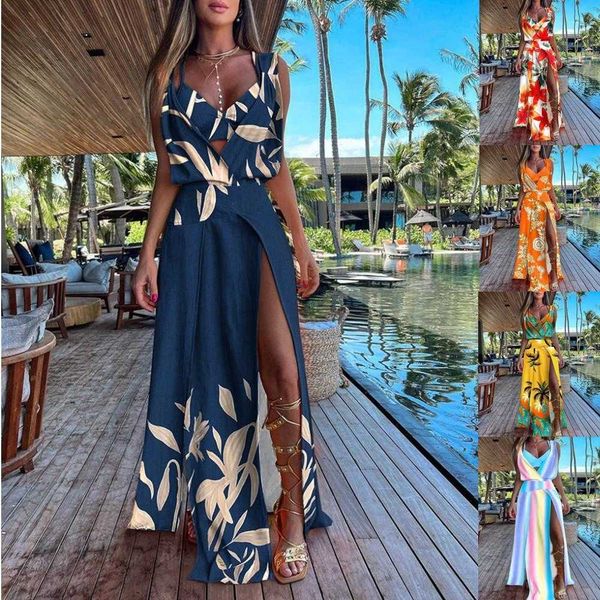 

summer sleeveless v neck printed dress slit hemline at hem for women, Black;gray