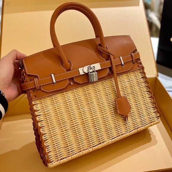 

totes tote straw bag hand-woven shoulder women handbag silver hardware accessories lock trim cowhide leather handle weave clutch hollow-out