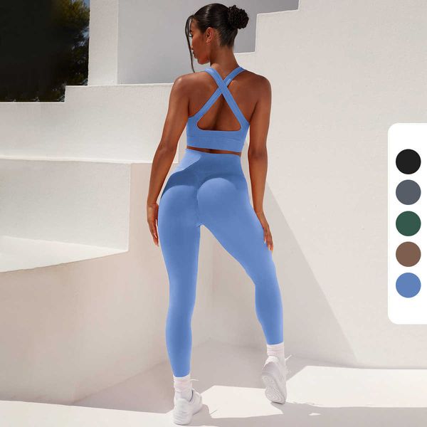 

2023 spring new yoga suit cross back sports tank high waist and hip lift running fitness pants yoga suit for women, Gray