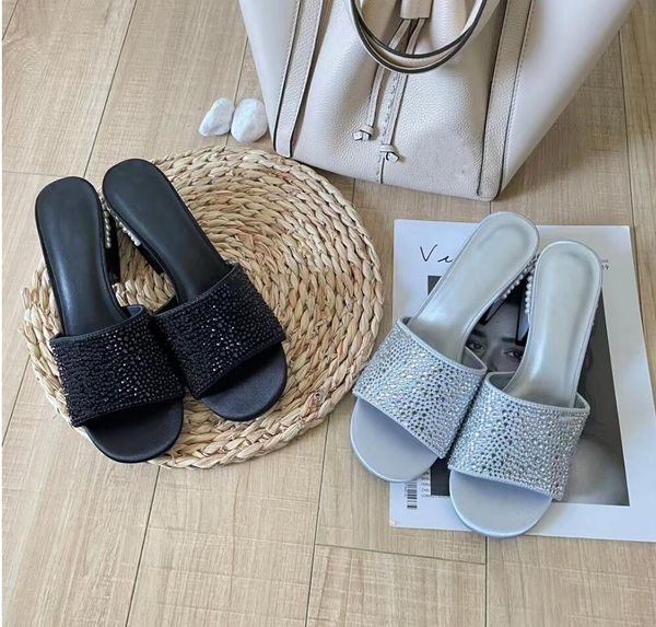 

designer summer slipper sheepskin crystal chunky heel sandals women leisure sandal fashion pearl luxury women slipper, Black