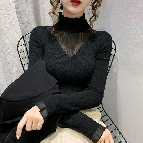 

woman sweaters chandails women's half turtleneck lace stitching hollow out sweater western style slim fit inner knitted, White;black