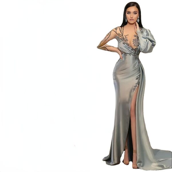 

evening dresses wear silver mermaid long sleeves illusion crystal beading high side split floor length party dress prom gowns open back robe, Black;red