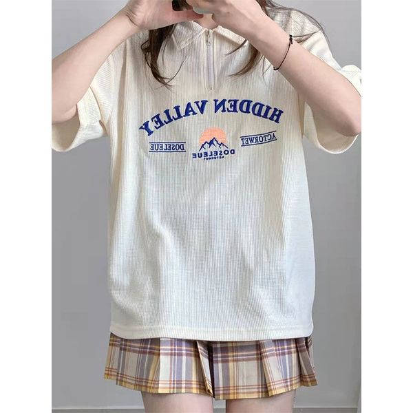 

apricot vintage american street letter embroidery polo neck t shirts waffle cotton loose short sleeve, White