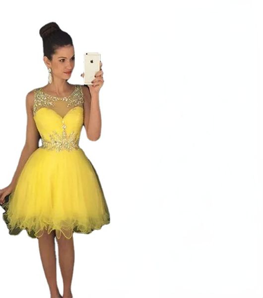 

rhinestone yellow cocktail dresses 8th grade short prom dress crystal homecoming dress sheer neck mini graduation party dress custom made, Blue;pink
