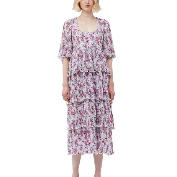 

designer dress u-neck lilac purple floral ruffle edge pressed pleated cake long dress women's robe, Black;gray