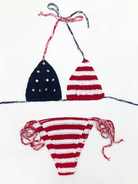 

designer swimwear fashion women american flag crochet swimsuit natural shell handcraft bikini set strappy adjustable bra swimwear, White;black