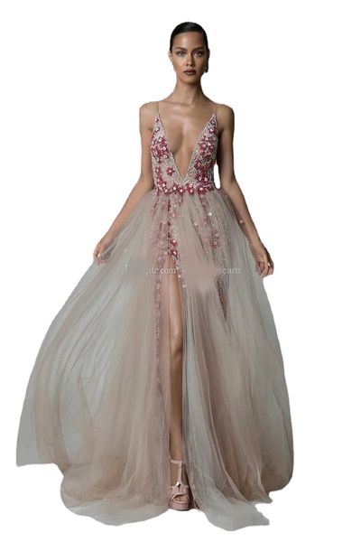 

berta beaded backless evening dresses appliqued sheer deep v neck sequined side split prom gowns tulle plus size formal dress, Black;red