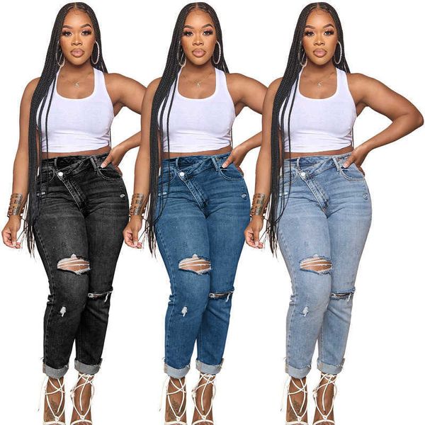 

women plus size jeans fashion clothing personalized torn hole diagonal buckle elastic denim leggings long pants, Blue