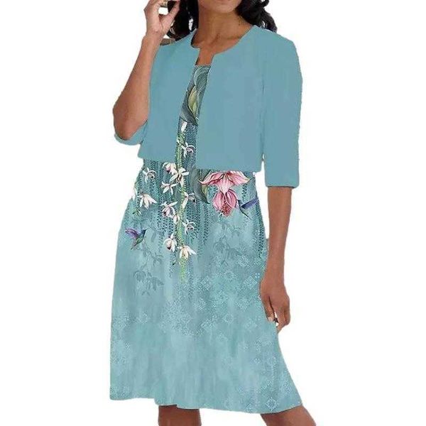 

summer womens dress two piece printed round neck chiffon coat for women, Black;gray