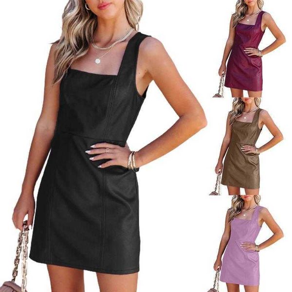 

summer solid casual dresses color fashion square neck pu leather dress womens clothing, Black;gray