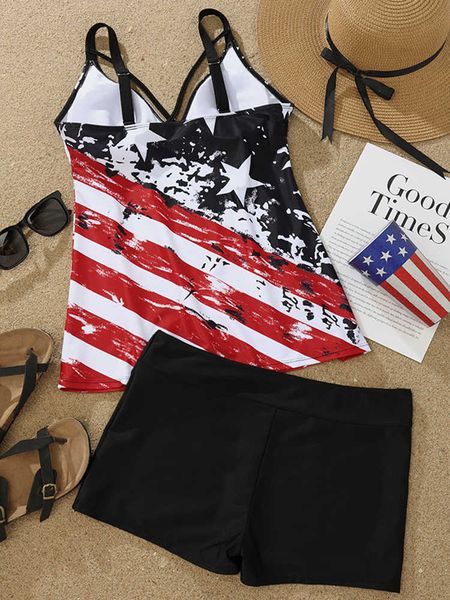 

designer swimwear fashion american flag criss-cross tankini set 2023 women high waist swimsuit swimwear female lady bathing suit swimming su, White;black