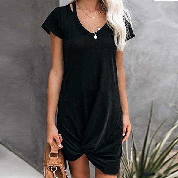 

shoulder strap v neck dress short sleeve knotted t shirt womens clothing, Black;gray