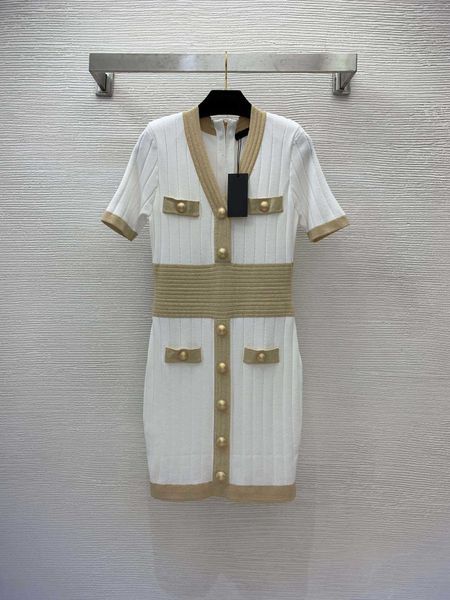 

23ss summer dresses women dress women designer clothes v-neck short sleeve gold thread shiny silk blended contrast color elastic slim fit dr, Black;gray