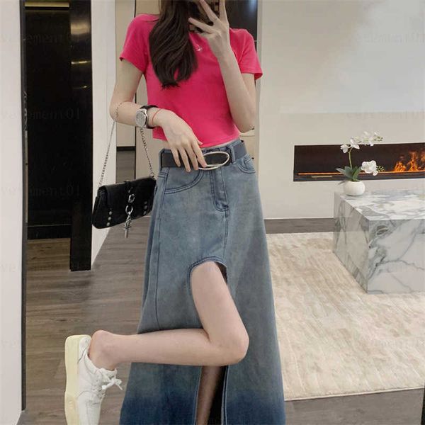 

designer two piece set women clothing pink upper body fabric soft texture comfortable with open gradient denim half skirt designers womens s, White