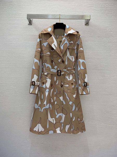

23ss womens jacket women designer clothes new geometric contrast print long-sleeved double-breasted lapel trench coat women clothes, Tan;black