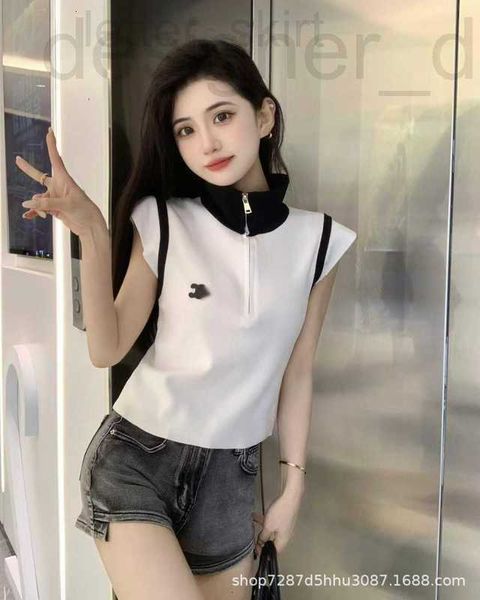 

women's t-shirt designer designer 23 spring/summer new leather label polo collar knitted vest contrast half zipper style full of simpli, White