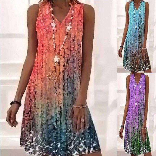 

womens clothing loose dress sleeveless printed casual v neck, Black;gray