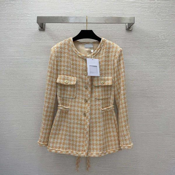 

23ss womens jacket women designer clothes contrast plaid tweed camellia lining temperament lady style lace up round neck long sleeve coat wo, Black;brown