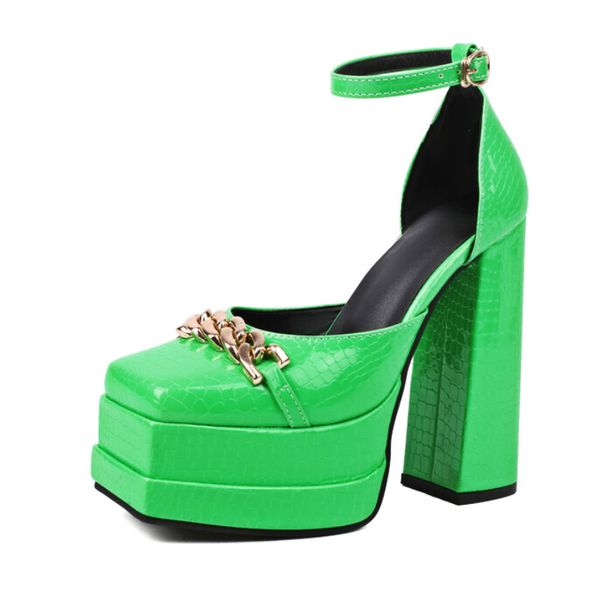 

brand new platform sandals summer 2023 gold chain design ankle buckle chunky heel punk style street girls green shoes size 48, Black