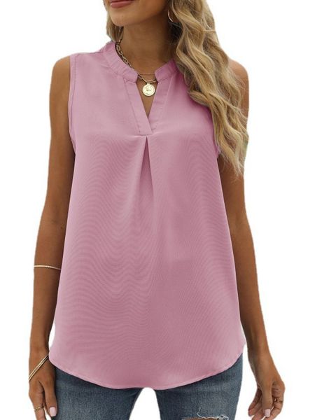 

women sleeveless solid v-neck chiffon t-shirt for summer, White