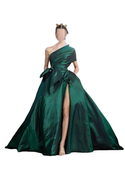 

elie saab dark green a line evening dresses one shoulder arabic kaftan high side split formal dress prom gowns vestidos de novia, Black;red