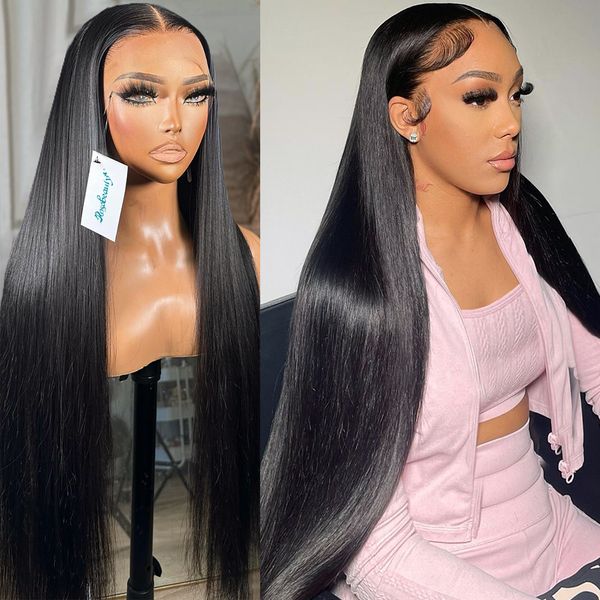 

13x4 hd transparent bone straight lace front human hair wigs brazilian 30 inch lace frontal wig for black women, Black;brown