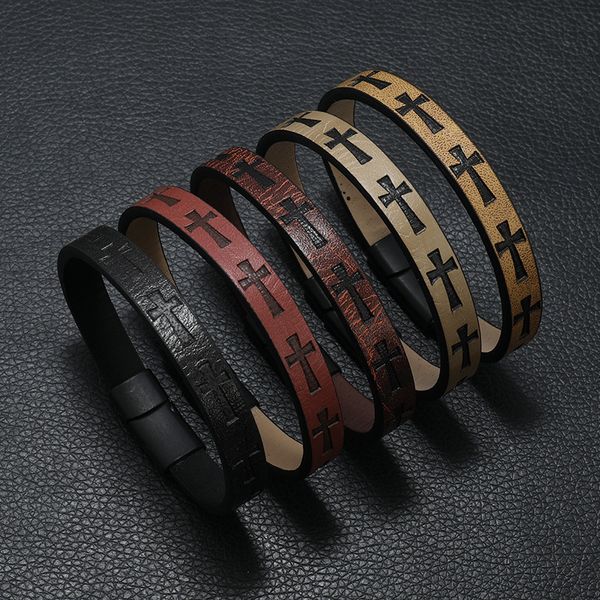 

multicolor genuine leather cross bracelet bangle for men gift, Golden;silver