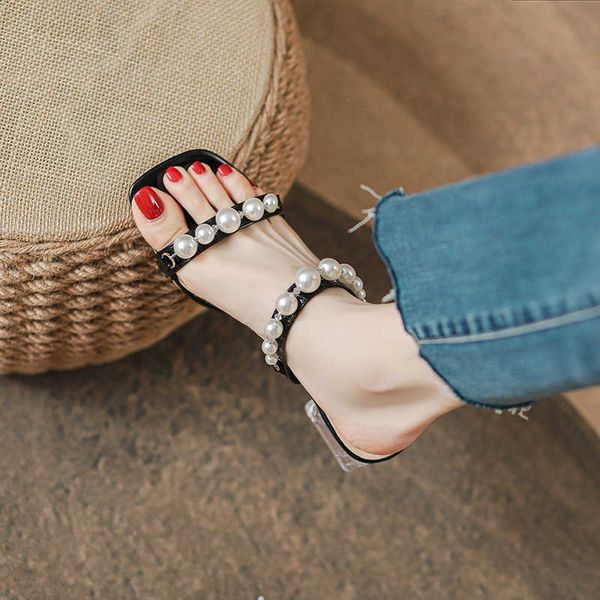 

sandals for women 2023 new summer mid heel thick french versatile outerwear fairy style pearl crystal 230613, Black