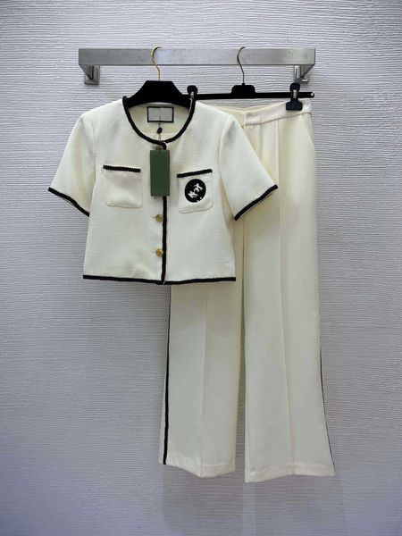 

23ss women pants sets women designer clothes new chest circle neck short sleeve short high waist slim fit wide leg pants set women clothes, White