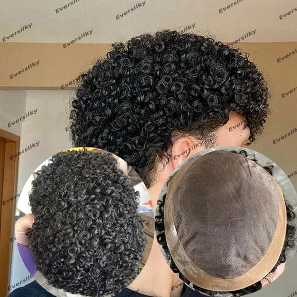 

afo man 15mm jerry curly men toupee breathable mono lace&pu around base men human hair wigs pieces system prosthesis natural hair, Black