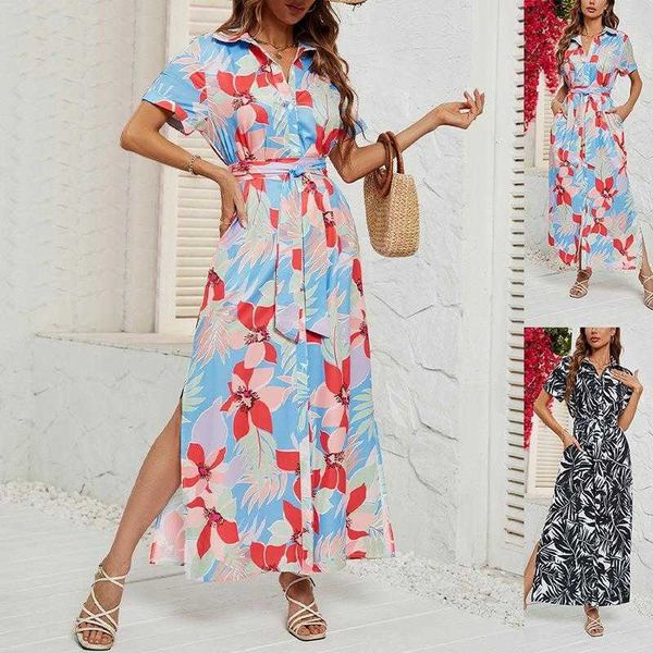 

summer fashion printing lapel split dress for polyester mini women, Black;gray