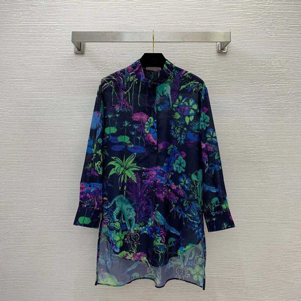 

23ss high neck blouse women shirt women designer clothes elephant tiger animal forest print front short back long standing neck fashion shir, White