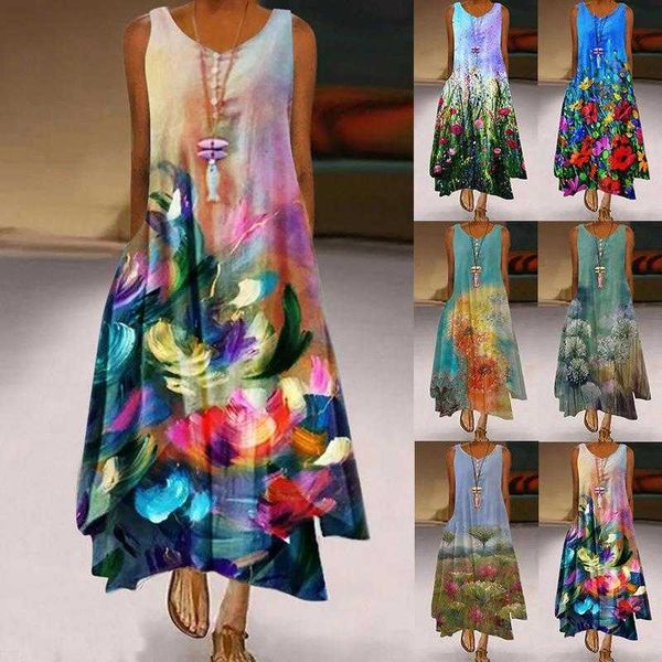 

summer wsih flower print sleeveless dress for polyester women, Black;gray