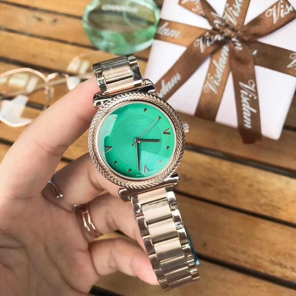 

small fan vers quartz steel band watch with carved wheat grain on the edge elegant and young trend for women versage, Black