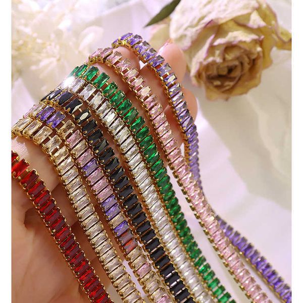 

8 colors linked rectangle cubic zircon tennis chain bracelet stainless steel bracelets for women colorful statement jewelry set, Silver