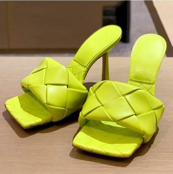 

2023 summer weave high heeled slippers plaid sandals womens square toe slides shoes, Black