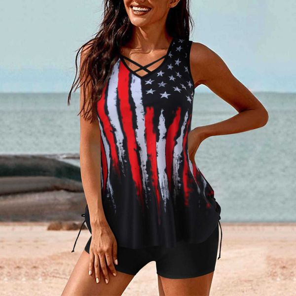 

designer swimwear fashion independence day for women's american 4th of july print strappy back vintage swimwear brazilian split swimsui, White;black