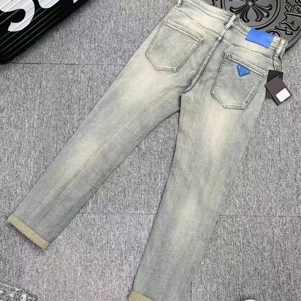 

designer men's stretch triangle jeans slim light blue letter stretch brand luxury pants jeans trend brand casual pants