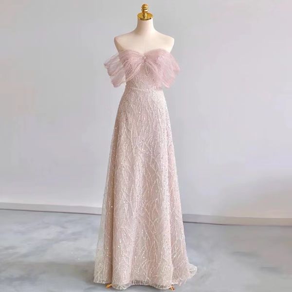 

2023 long cocktail dresses blush pink lace appliques beaded flowers sequine crystal satin off shoulder luxury party gowns homecoming prom co, Black