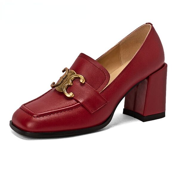 

genuine leather loafer shoes 2023 women new spring high heels black red elegant metal clasp good quality comfortable work shoes