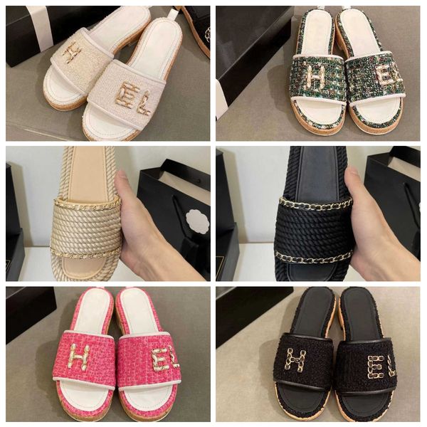 

women designer slides slippers hemp rope wool weaving one line slippers fashionable temperament slippers high heeled slippers womens beach o, Black