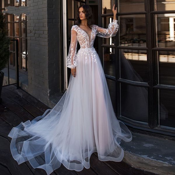 

boho wedding dress 2023 for women lantern long sleeves lace appliques tulle beach bridal party gowns vestidos de novia custom made, White