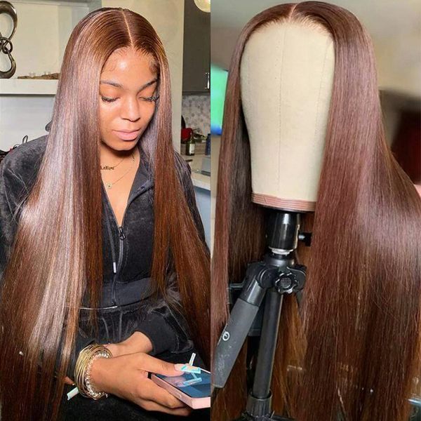 

13x4 lace frontal human hair wigs for women brown straight hd transparent lace front human hair wig, Black;brown