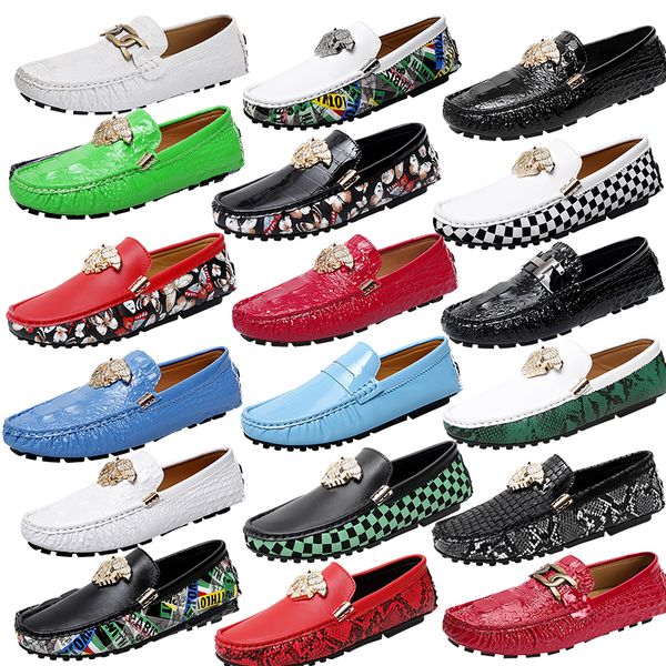 

high-quality snake print genuine leather loafers shoes metal buckle round toe leather shoes luxury brand business office shoes driving shoes, Black
