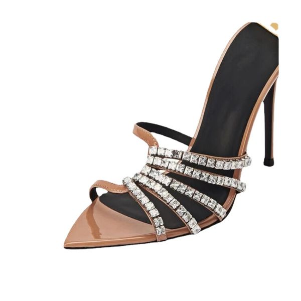 

2023 summer new womens rhinestone design high heel sandals comfortable pointed toe peep toe slippers silver shoes size 43, Black