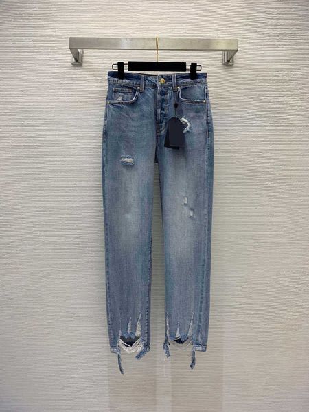 

23ss womens pants denim jeans designer women jeans fashion womens new colored buckle hole design mid-raising dad straight jeans women clothe, Blue