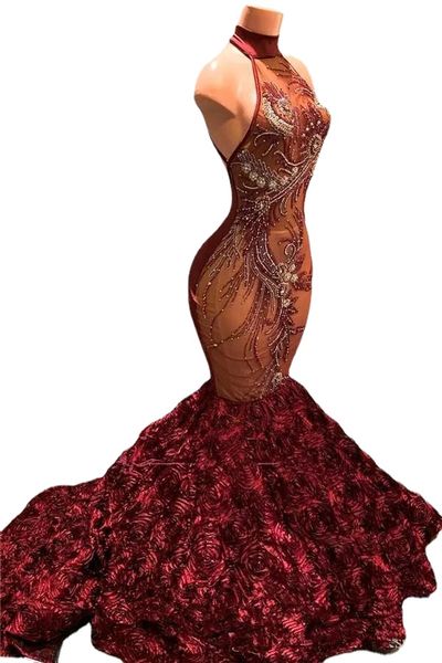 

luxury mermaid evening dresses high neck beads crystals flowers ruffles plus size prom gowns african formal dress abendkleider, Black;red