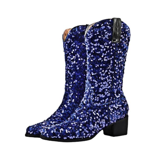 

2023 new womens shiny sequin platform ankle boots elegant thick high heels dress banquet party shoes size 43, Black
