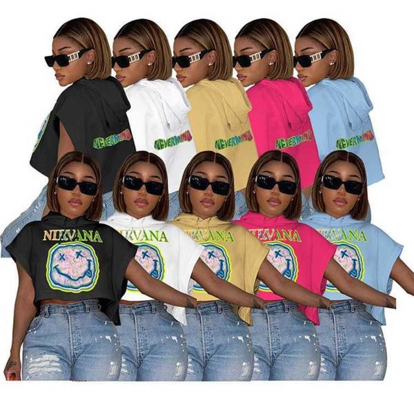 

designer womens short sleeve t-shirt summer smiling face printed sweater fabric hooded stamped 5 colors, White